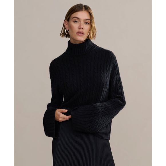 Jenni Kayne Cable Nell Turtleneck Sweater - Xs Black Wool Cashmere Boxy Fit